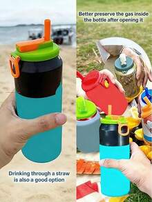 1 buc. Capac reutilizabil etanș, etanș, portabil, din silicon, pentru doză de suc, cu pai, potrivit pentru petreceri la piscină de vară, plajă, călătorii, camping, picnic, activități în aer liber, acasă, birou, băuturi zilnice - Culoare aleatorie - Vizualizare 4