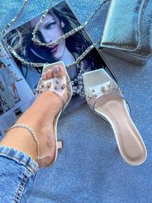 Women's Mule Sandal With Vinyl Rhinestones / Transparent, Elegant, 7cm - Holographic - 白色 - 查看 5