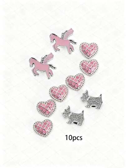 Set de 10 piezas Lindo adorno en forma de corazón de poni color rosa claro, moda delicada, nuevo decoración para mascotas DIY para zapatos, adecuado para niños, niñas, vacaciones, citas, zuecos, sandalias, bolsos, accesorios de ropa