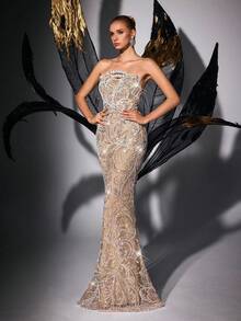 LUVISTRUE Women Romantic Glamorous Sleeveless Mermaid Formal Evening Gowns Slit Wedding Guest Prom Homecoming Cocktail Party Graduation Gala Maxi Dresses - Champagne - View 2