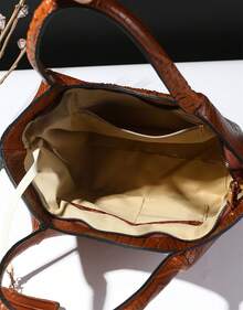 2pcs Elegant Women's Tote,Elegant Large-Capacity Women's Tote | Solid-Color Crocodile-Patterned PU Bag With Secure Zipper, Multi-Pockets, Fixed Strap - Suitable For Work & Outings - 棕色 - 查看 5