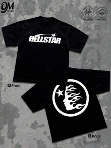 O&M Studio - Vintage Streetwear 180g T Shirt 1pcs Retro Graphic 100% Cotton Y2K Swag Men Clothes, Double Sided Star And Flame Graphic TShirt, Cosmic Style Digital Printed T Shirt Gifts For Men - màu đen - Xem 1