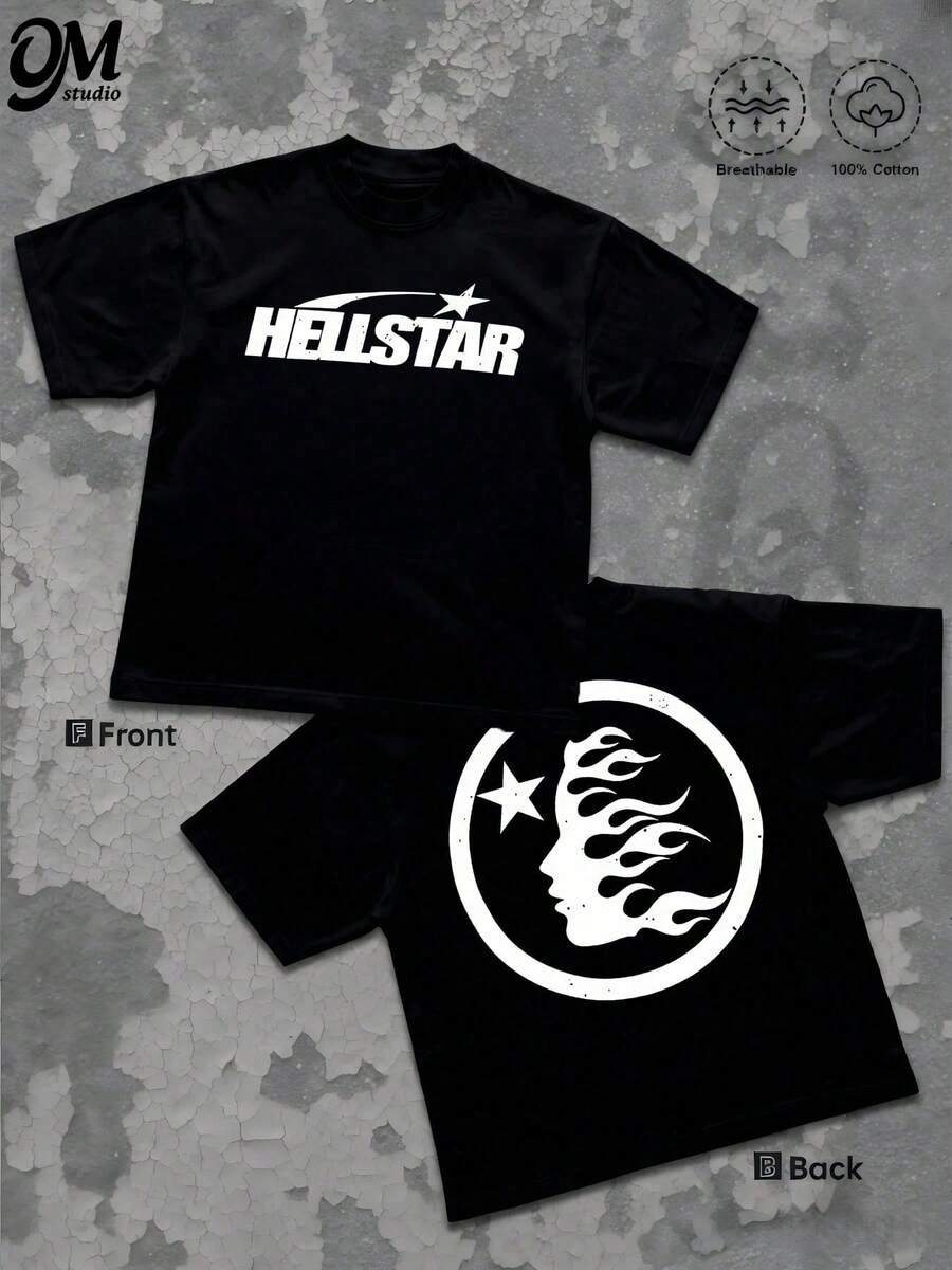 O&M Studio - Vintage Streetwear 180g T Shirt 1pcs Retro Graphic 100% Cotton Y2K Swag Men Clothes, Double Sided Star And Flame Graphic TShirt, Cosmic Style Digital Printed T Shirt Gifts For Men - màu đen - Xem 1