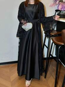 Plus Size Lace Abaya Set, Includes Slip Dress, 2 Pieces Set, Elegant & Dignified Abaya With Sequin Lace Black Fall - Black - View 5