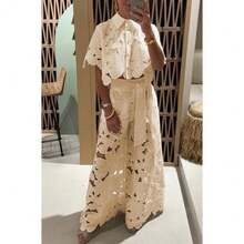 2026 Summer New European And American Solid Color Sexy Hollow Cardigan Top Wide Leg Pants Two-Piece Set Women - 黃色 - 查看 3