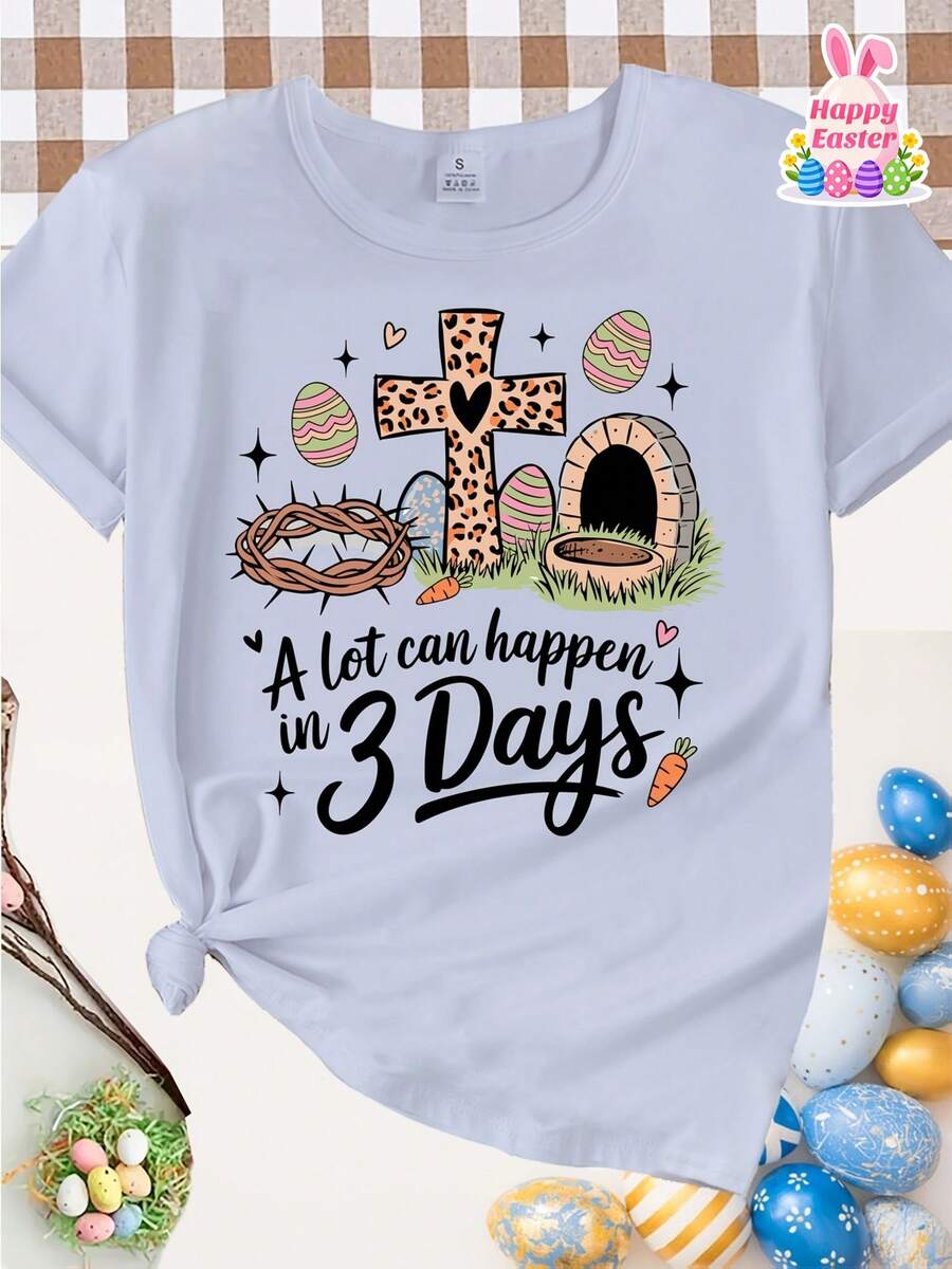 Camiseta impreso de moda casual de Camiseta de Pascua para mujer y unisex de primavera/verano con el mensaje En 3 días pueden pasar muchas cosas. - Cruz religiosa, símbolos de tumba vacía y resurrección, adorno de cruz con estampado de leopardo, camiseta de manga corta suave y transpirable, adecuada para actividades religiosas, ropa casual de primavera y verano, Regalos. de Pascua, Pascua, camisetas de anime japonés, K-unisexo estilo vacaciones crucero, blusas para mujer, blusas casuales para dama, playeras de mujer, ropa de hombre,playeras de hombre, camisas de hombre, conjuntos para niña, playeras de niña, playeras de niño - Blanco - Ver 1