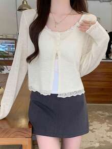 女士轻薄披肩领外套，休闲纯色长袖上衣，适合春夏穿着 - 杏色 - 查看 8