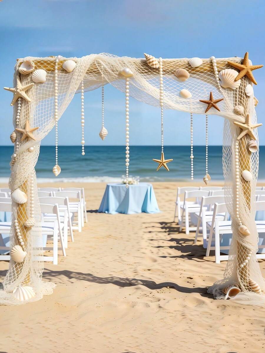 2pcs/Set Coastal Wedding Decorative Fishing Net, White Handwoven Fish Net With Mini Resin Starfish, Bohemian Beach Ceremony Arch Backdrop, Nautical Themed Aisle Runner & Photo Booth Prop, Perfect For Mediterranean & Rustic Outdoor Wedding Decorations