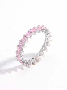 Jessie Jewelry 1件浪漫閃亮925純銀立方鋯石滿心形設計戒指，婚禮情人節禮物 - 粉色 - 查看 3