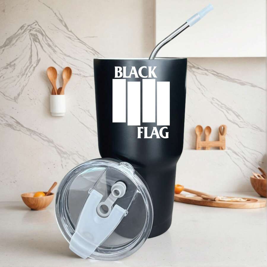 30oz Stainless Steel Tumbler Black White Options, Black Flag White Stripes Design Graphic Cups, Insulated Travel Coffee Mug With Lid And Straw , Double Wall Vacuum Reusable Travel Cups, Funny Birthday Party Gift For Women & Men - 黑色 - 查看 1