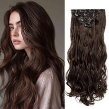 Extensiones de cabello con clip, cabello sintético liso y ondulado, piezas (Marrón Claro, liso) - S-Marrón medio - Ver 6