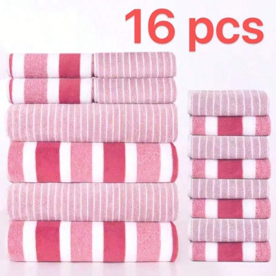 Super Soft And Comfortable 16-Piece Premium Bath Towel Set - Includes 4 Extra-Large Thick Bath Towels, 4 Hand Towels, And 8 Square Towels. These Highly Absorbent And Quick-Drying Towels Are Perfect For Home Use, Ideal For Bathrooms, Hotels, Showers, Gyms, Travel, Yoga, And Are An Essential Bathroom Accessory. - Bộ 16 món màu hồng sọc rộng - Xem 1