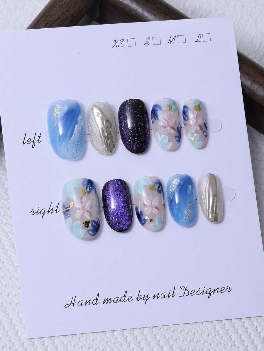 10pcs/Set Handmade Short Oval Nail Pieces In Y2K Blue Style & 3D Handcrafted Silver Plated Lines & Hand Painted Gradient Fine Glitter Design Nail Decoration. 1 Piece Of Jelly Gel And 1 Piece Of Nail File. Perfect For Daily Life As Well As For Costumes For Coachella Music Festival Parties, Press On Nails And Nail Care Products. - Blue - View 1