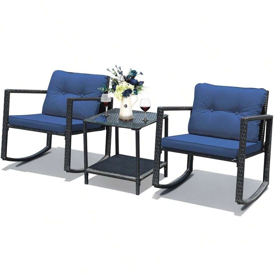 COSTWAY 3 Pieces Outdoor Rocking Bistro Set, PE Rattan Rocking Chair Set With Cushions, Tempered Glass-Top Coffee Table And Storage Shelf, Patio Wicker Conversation Set For Garden, Backyard And Poolside, Navy - Blue - View 1