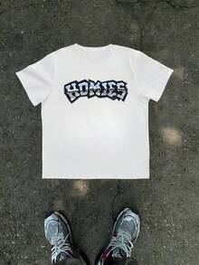 1Pcs Homies Graphic Print Men's T Shirt Casual Streetwear 100% Cotton TShirt Men's Summer Simple Tee Gift For Men, Gangster Style Urban Top, Fashionable Hip Hop Short Sleeve Crew Neck Black Tee - White - View 1