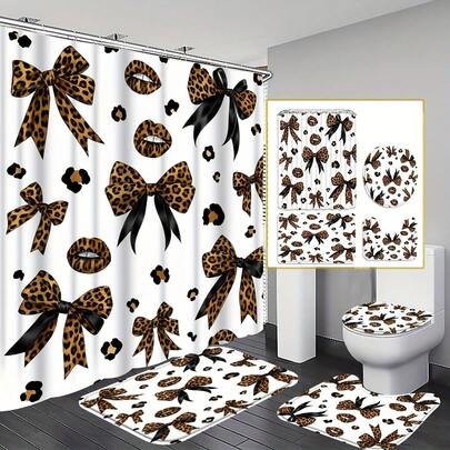 豹纹蝴蝶结浴帘套装，异域动物印花蝴蝶结装饰，浴室帘套装包含U型浴帘、马桶盖、12个挂钩，尺寸为70.87 x 70.87英寸，狂野风格，万圣节装饰