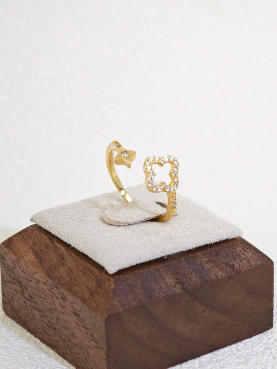 1pc Delicate Hollow Clover & Star Zirconia Copper Gold Plated High Quality Genuine Zirconia Ring For Women - Yellow Gold - View 1