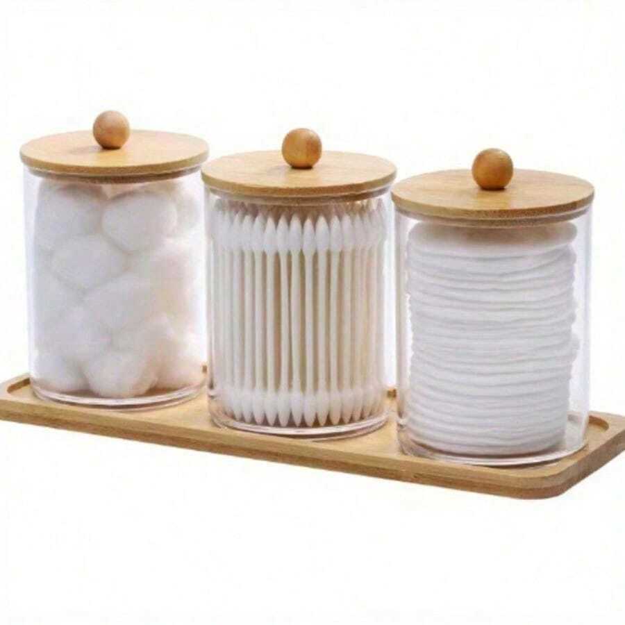1Set Transparent Storage Box With Bamboo Cover And Tray, Suitable For Bathroom Organization And Storage, Bathroom Decoration, Farmhouse Decoration, Pharmacist Jar For Cotton Swabs, Balls, Mats, Dental Floss - trong suốt - Xem 1