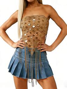 Top de tubo sin tirantes con lentejuelas y borlas para mujer, estilo boho, ideal para fiestas, clubes nocturnos y festivales. - Caqui - Ver 5