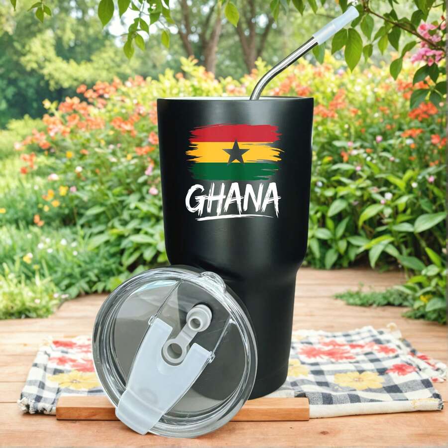 30oz Stainless Steel Tumbler Black White Options,  Ghana Flag Design With Star And Colors Graphic Cups, Insulated Travel Coffee Mug With Lid And Straw , Double Wall Vacuum Reusable Travel Cups, Funny Birthday Party Gift For Women & Men - 黑色 - 查看 1