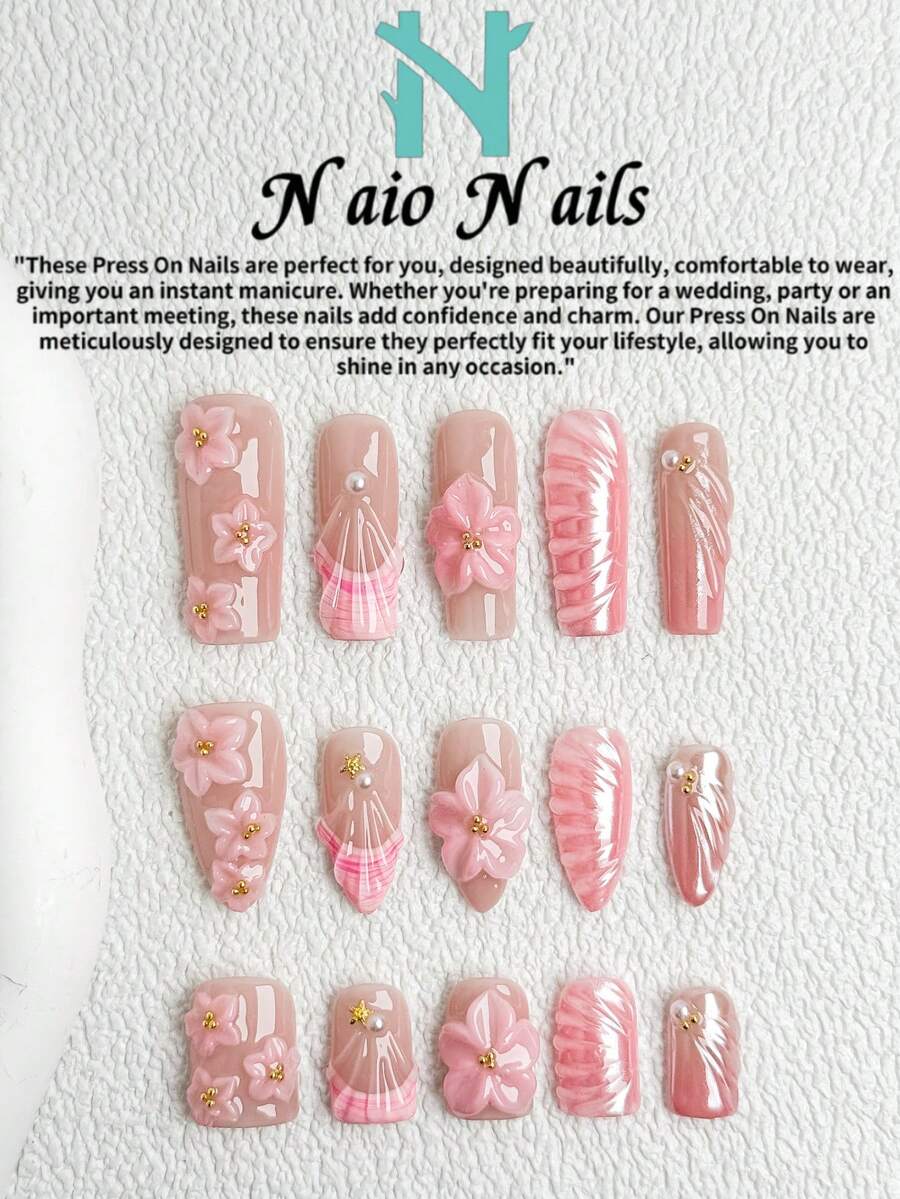 NAIO 10片/套 春夏手工按压式美甲贴片,夏季海滩主题美甲,棺材形/杏仁形/短方形甲片,Y2K 酷炫风格,裸色、粉色法式边,桃花压纹,贝壳波浪图案,Gel-X 美甲设计,粉色渐变,电镀美甲,饰以珍珠和星星金属装饰。乳霜质地,适合女性和女孩,派对、日常佩戴皆宜,附赠工具包,是送给女士的绝佳礼物,也是度假美甲的理想之选。粘贴式假指甲套装,海洋主题礼物,送给她的完美礼物。 - 彩色 - 查看 1