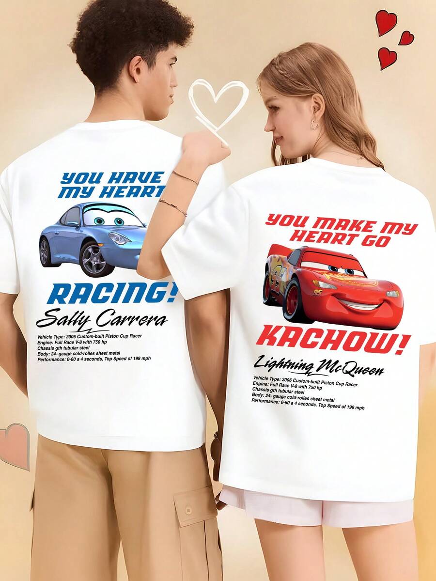 Disney Cars Movie Lightning McQueen Couple T-Shirts - "You Make My Heart Flutter" And "You Have My Heart" Racing Car Designs, Unisex Casual Summer T-Shirts (Sold Separately) Dating Essentials - Men's White - View 1