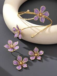 4 pièces/set Ensemble de bijoux floraux pour femmes, boucles d'oreilles mode haut de gamme, bague, bracelet, accessoires assortis, ensemble élégant de fleurs violettes - Prune - Voir 4