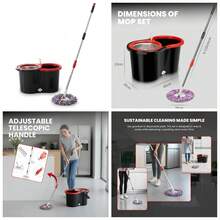 Spin Mop & Bucket Set With 2 Microfiber Mop Heads – Durable Stainless Steel & ABS Build – Black Red, Blue, Purple Colors – Bucket With 90–120cm Telescopic Handle - default - 查看 2
