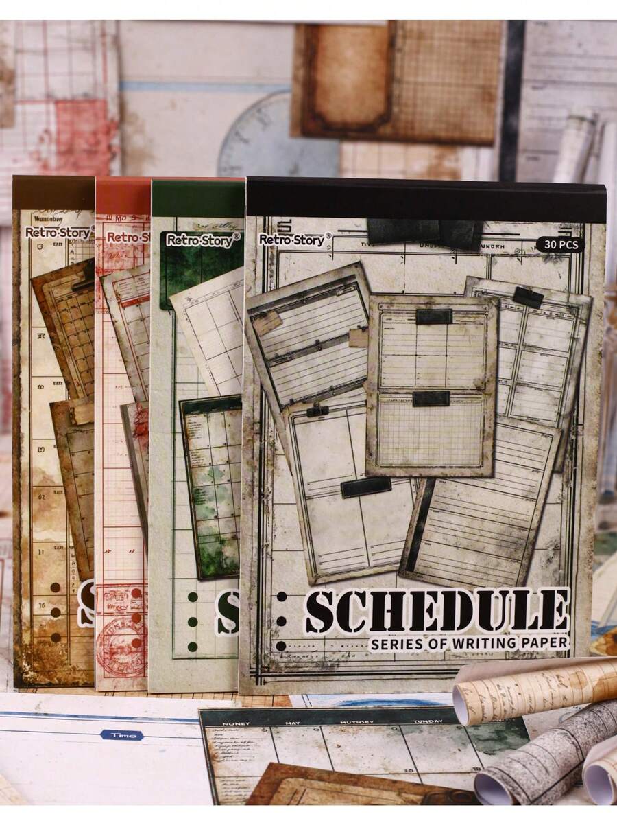 30 piezas/paquete Material de papel retro a cuadros Planificador de horario Papel para scrapbooking para suministros de diario, papel decorativo para manualidades de diarios chatarra - multicolor - Ver 1