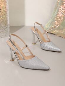Shiny Gold Crystal Women's High Heel Boots, Elegant Gold High Heel Sandals For Daily Wear, Bride, Wedding Dress, Lightweight And Comfortable - Silver - View 8