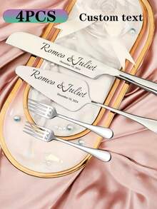 4pcs/Set Personalized Stainless Steel Cake Cutlery Set, Cake Slicer With Fork, Engraved Cake Serving Set, Wedding Favor, Birthday Gift, Anniversary Gift, Ideal For Valentine's Day, Mother's Day, Father's Day, Birthday Or Anniversary, Wedding Gift, Best Gift For Newlyweds - Style 2 - View 7