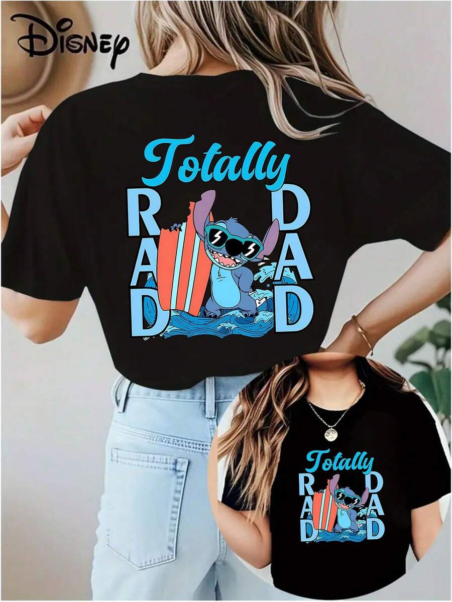 Soft Cotton Women's T-Shirt | Disney Lilo & Stitch "Totally Rad Dad" Graphic | Casual Summer Wear - Black - View 1