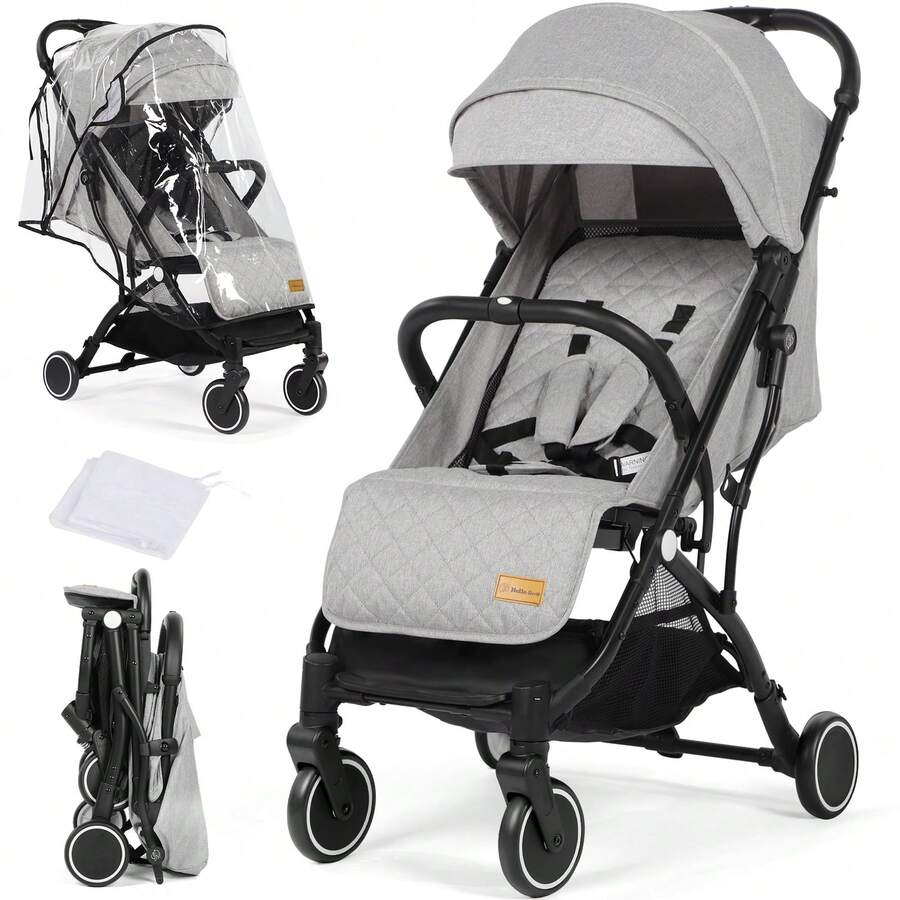 Lightweight Compact Travel Stroller, Baby Pushchair With Adjustable Seat, Rain Cover, Mosquito Net, One-Hand Fold, 5-Point Harness, Light Grey - Light Grey - View 1
