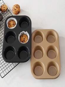 6/12-Cup Carbon Steel Muffin Pan, Non-Stick Cupcake Baking Tray, Household Pudding & Baking Tool - Black - View 2