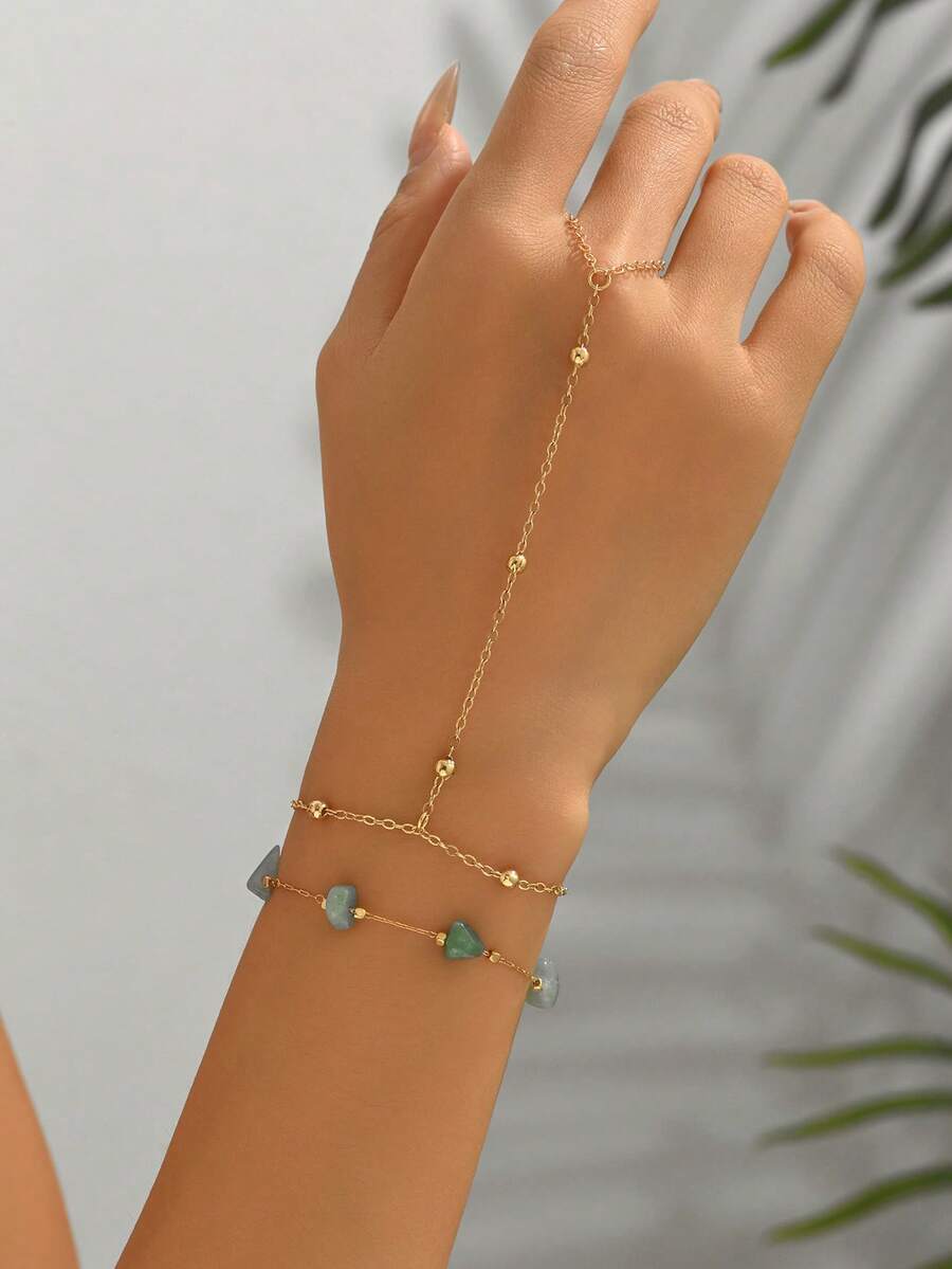 2pcs/Set Unique Colorful Stone Bracelets, Fashionable Elegant Gold Finger Chain Jewelry, Suitable For Daily Wear, Outing And Photo Decoration - Multicolor - View 1