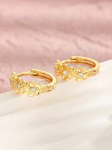 1 Pair Fashionable Delicate Gold-Plated Copper Earrings With Zirconia Stone Flower Decor, Party Jewelry Accessory, Travel Outfit, Gift For Family And Friends - Gold - View 3