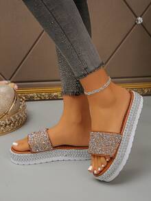 2026 New Rhinestone Embellished Thick Sole Wedge Slippers, Shiny Solid Color Unisex Crystal Sandals For Spring/Summer - Brown Colored Diamonds - View 4