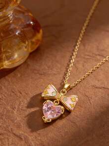 1件简约时尚新款心形钻石项链，蝴蝶结多巴胺项链，优雅奢华珠宝 - 項鍊 - 查看 3