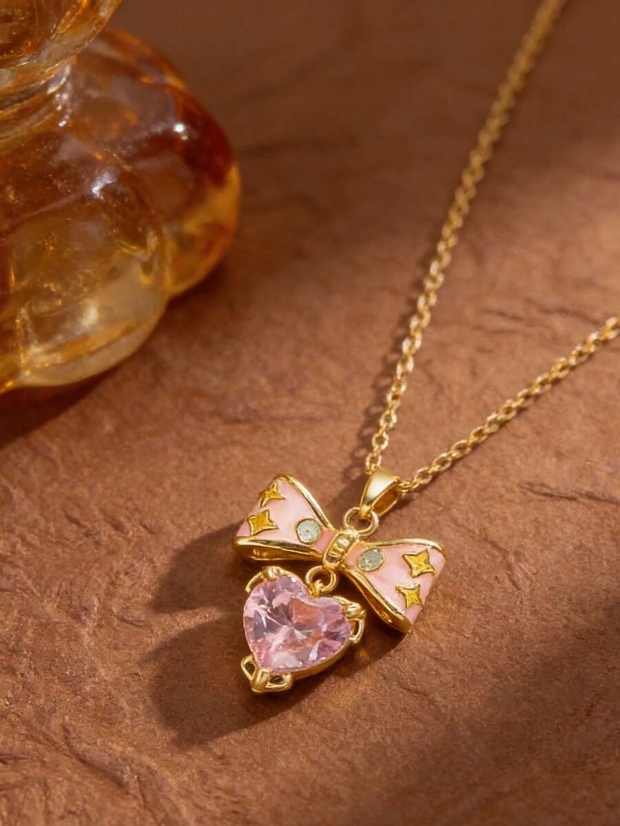 1 pieza Collar de diamante con forma de corazón de moda minimalista, collar de lazo de dopamina, joyería elegante y de lujo - collar - Ver 1