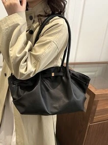 2026春季大容量通勤单肩包，饺子造型，压纹皮革纹理 - 黑色 - 查看 3