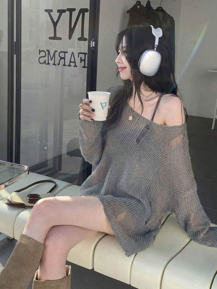 Sexy Minimalist Oblique Shoulder Hollow Out Design Pullover Sweater, Suitable For Going Out, Dates, Home, And Commuting, Autumn/Winter Fall - Grey - View 1