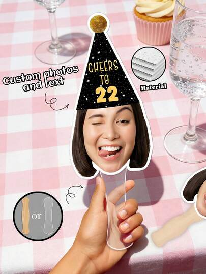 1개 맞춤형 생일 모자 얼굴 컷아웃 사진 손 선풍기, 맞춤형 사진 나이 텍스트가 있는 개인화된 손 선풍기, 생일 선물 파티 장식, 재미있는 사진 모자 장식 손 선풍기, 사진 부스용 생일 파티 용품, 최고의 사진 소품