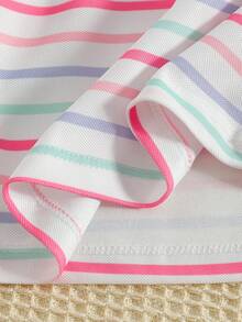 Girls' Collared Striped Short Sleeve T-Shirt, Summer - Multicolor - View 5