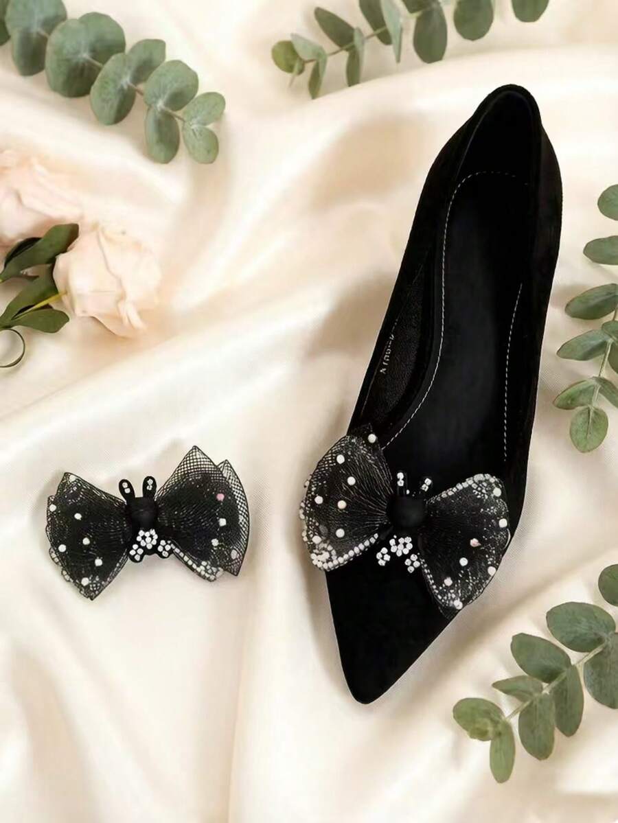 1 par de presilhas de sapato estilo coreano com laço de malha preta e strass, acessórios removíveis para sandálias, saltos e sapatos casuais (sapatos não incluídos). - Preto - Ver 1