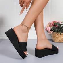 女士夏季纯黑色厚底人字拖，露趾厚底休闲沙滩拖鞋 - 黑色 - 查看 4