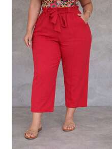 Tailored Pantacourt Trousers, Plain, High Waist, With Bow And Knot Pocket - 一組兩條紅色和橘色褲子 - 查看 3