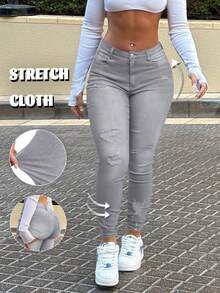 GILIPUR Blugi skinny cu talie înaltă pentru femei, stil Y2K, stil streetwear european și american, gri deschis, croială slim fit, elegantă și la modă, casual, primăvară - Gri deschis - Vizualizare 8