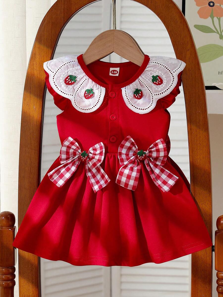 Baby Girl Casual Cute Strawberry Decor Bow Tie Dress - Red - View 1