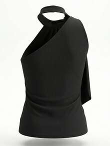 Blusa sin mangas con cuello de halter y lazo, elegante estilo francés para el verano - Negro - Ver 7