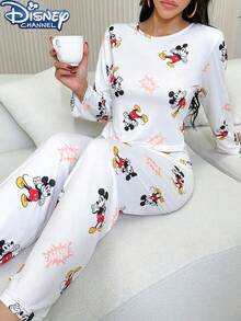 Disney 2 piezas Conjunto de pijama de mujer con diseño de dibujos animados lindos, 1 top de manga larga con cuello redondo con estampado total y 1 pantalón, cómodo y holgado, adecuado para primavera, verano y otoño - Blanco - Ver 1